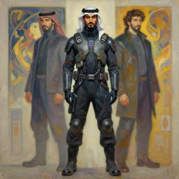 a full body portrait oil painting illustration of an arabic man by justin sweet and greg rutkowski and alphonse mucha with face and body clearly visible, techwear, futuristic, cyberpunk, artstation trending, high quality, sombre mood, artstation trending, abstract colours, no crop, entire character!,