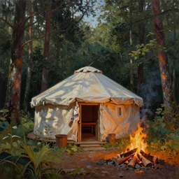 a beautiful painting of a round native american sweat lodge hut in a forest near a campfire, matte painting, art by christophe vacher