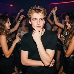 photo of a 4 0 year old white man living thinking he's living the best life possible. he looks young for his age. he is at a dance club, it's as if he were in a music video. young woman are flocking to him and can be seen dancing around him in a seductive manner.