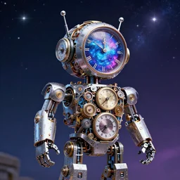 photo of a robot made of clock parts, scifi, nebula reflections, stars, professionally color graded, 8 k high definition, insanely detailed, intricate, innocent, art by akihiko yoshida and artgerm