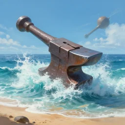 beautiful!!! digital painting of a ( ( ( giant anvil!!! ) ) ) parting the sea around a patch of sand at the bottom of the ocean | emphasis on ocean motion!!! anvil focus, beautiful lighting, epic!!!! composition, dramatic!!!! craig mullins, james jean, octane render, trending on artstation, deviantart, studio level quality, hyperdetailed