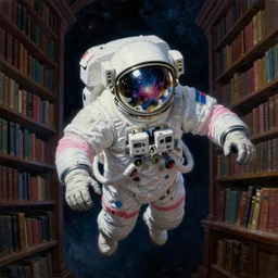 a neoclassicist paint of renaissance ussr space cosmonaut fly inside big library, reflections of nebula in helmet. deep blue and pink tones, gloomy dark black background. highly detailed fantasy science fiction portrait painting by mikhail vrubel and jeremy geddes.