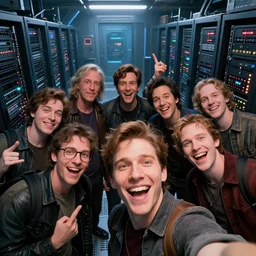 selfie of a tight group of happy drunken hackers at a party in a highly detailed server room in a scifi movie, retrofuturism, by jamie hewlett, nuri iyem, james gurney, james jean, greg rutkowski, anato finnstark. pixar. hyper detailed, wide angle, perfect faces