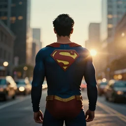 a 3 5 mm photo from the back of a superhero standing in front of a city, splash art, movie still, bokeh, canon 5 0 mm, cinematic lighting, dramatic, film, photography, golden hour, depth of field, award - winning, anamorphic lens flare, 8 k, hyper detailed, 3 5 mm film grain