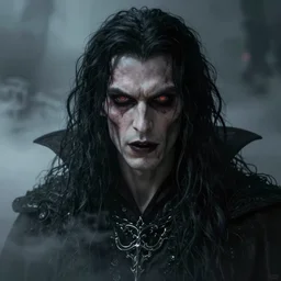 portrait of a ancient bloodthirsty vampire man revenant with long tangles of black hair, eerie glowing eyes, gothic fog ambience, hyper realistic head, fantasy art, in the style of greg rutkowski, zdizslaw beksinski, intricate, alphonse mucha, hyper detailed, smooth