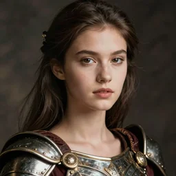 close - up portrait of beautiful model dressed gladiator with metallic armor, art by art kane