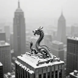 award winning photo by saul leiter of a dragon standing on the roof of a skyscraper, tiny gaussian blur, insanely detailed, insanely intricate, depth of field, low contrast, snowy, wide aperture