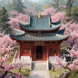 a mysterious chinese temple in the deep forest, surrounded by many peach blossoms, a clear stream flowing through, 8 k