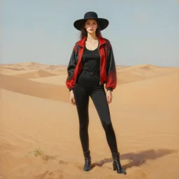oil painting of a tall woman with a black sunhat in the desert, black and red jacket, beautiful face, pretty face, very detailed eyes, full body