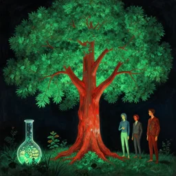 illuminated, deity of the leaves digital illustration ; by paul laurens gerhard richter nekro phil hale anato finnstark and josan gonzalez hi fructose, a glowing flask emerald redwood tree of art.