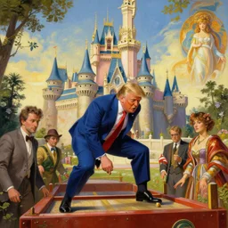 a beautiful illustration of donald trump clearing an obstacle course at takeshi's castle, takeshi's castle, sharp focus, illustration, highly detailed, digital painting, concept art, matte, art by wlop and artgerm and greg rutkowski and alphonse mucha, masterpiece