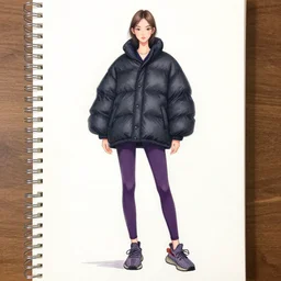 a fashion sketch of a girl wearing a puffy dark japanese kimono inspired anorak and tight purple leggings yeezy 5 0 0 sneakers