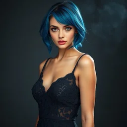 professional fashion model, cute, big eyes, blue hair, full body shot, lace dress, studio, smokey background, professional photography, award winning, trending on art station, high detail