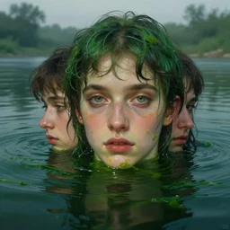 hyperrealist portrait in a river, close up half body face, dark green water, algae, green wet hair by alphonse mucha and lucian freud and bouguereau, foggy twilight lighting, very detailed faces