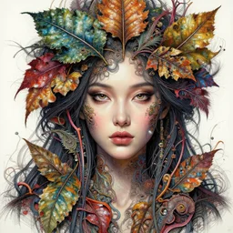 a beautiful woman portrait in hiper detailed ink in water, intricate detailed color oilpaint, 3 d render, hyper realistic detailed portrait, big flocking color leaves, thin color fractal tendrils, ornate leaves, elegant, intense colors, ruan jia, wlop. scifi, fantasy, hyper detailed, wide shot, octane render, concept art, by peter mohrbacher, by alphon
