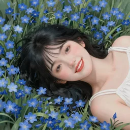 happy girl with black hair, red lips, lying in a field of blue flowers, highly detailed, matte painting, academic drawing