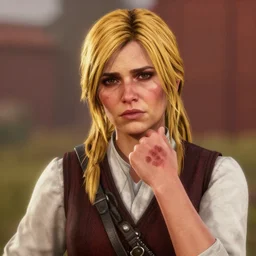 of isabeau katharina zinsmeister from red dead redemption 2 as a 2 1 year blonde har with a birth mark on her right hand and left cheek