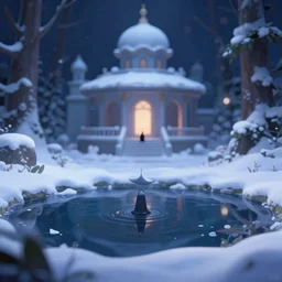 lily pond of the winter snow palace. award - winning 3 d anime by an indie studio, heavily stylized, rimlighting, depth of field, limited palette, impressionism, chiaroscuro, bokeh.