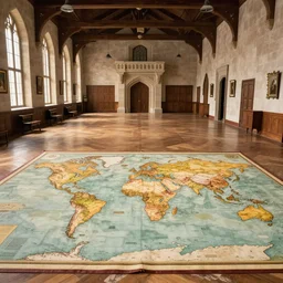 a large hall inside a castle with a map of the world on the floor
