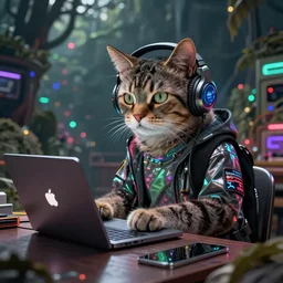 funky cyberpunk cat in headphones prooving that linux is better, using laptop, lsd trip, extremely detailed, sharp focus, wide view, full body shot, smooth, digital illustration, by james jean, by rossdraws, frank franzzeta, mcbess, sakimichan, brosmin, danton fadeev, steve simpson