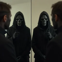 a politician looking in the mirror, reflection of the grim reaper, beksinski, dariusz zawadzki, symmetrical, very coherent symmetrical artwork, cinematic, hyper realism, high detail, octane render, 8 k