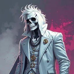 wealthy male half necromancer, made of white gucci fabric, pixiv fanbox, dramatic lighting, maximalist pastel color palette, splatter paint, pixar and disney concept, graphic novel by fiona staples and dustin nguyen, peter elson, alan bean, wangechi mutu, clean cel shaded vector art, trending on artstation