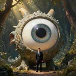 a complex funny giant eye mr bean stone dragon, in forest cave. very low angle photograph, highly detailed, 8 k, octane render, trending on artstation, realistic, smooth, high contrast, soft colors, rays of golden sunlight, oil paintingblack suit by atey ghailan, by greg rutkowski, by greg tocchini, by james gilleard, by joe fenton, by kae