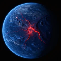 a picture of an alien planet, taken from orbit, dark blue planet, red narrow lava rivers, center of the frame
