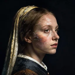a woman's face in profile, made of digital glitches, in the style of the dutch masters and gregory crewdson, dark and moody