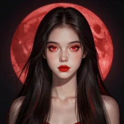 long hair, red eyes, portrait, girl, red moon night background, night, high detail, concept art, digital art, illustration, smooth, sharp focus, greg rutkowski, alphonse mucha, trending on artstation, trending on deviantart,