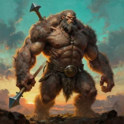 muscular humanoid hybrid minotaur with weapon and anthropomorphic human oversized mutant proportions and very hairy body , backlight  body , extreme very textured detailed intricate  painting by rembrandt, sunset, dramatic clouds cyan atmosphere