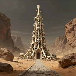 gorgeous concept art of a tower made of bones and skulls in the middle of desert, some rocks and cliffs around, narrow road made of stones goes to tower, very high details, dramatic mood, deep environment, art by tomasz jedruszek and gabor szikszai and craig mullins, trending on artstation, unreal engine, 8 k, 4 k