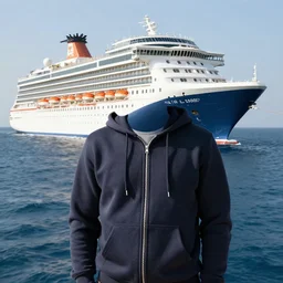 guy in zipped hoodie with a cruise ship as his head