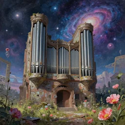 a beautiful detailed painting of pipe organ abandoned nature urbex city by kazuyo sejima, gem nature water galactic universe cyberpunk poppy azeroth cosmic alien, archdaily, wallpaper, highly detailed, trending on artstation.