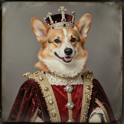 professional studio photo portrait of anthro anthropomorphic corgie head animal person  smug smiling wearing elaborate pompous royal king robes clothes degraded medium by Louis Daguerre daguerreotype tintype