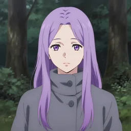 illustration by shigenori soejima, by tatsuki fujimoto, by yoji shinakawa, girl, middle - parted long straight light purple hair, grey turtleneck coat, forest background, focus on face, pretty, moody lighting, painterly