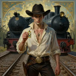 a dramatic ethereal epic symmetrical painting of a handsome villainous man dressed as a cowboy | he is standing in front of railroad tracks with a train locomotive | his shirt is unbuttoned and he has a pocketwatch | tarot card, art deco, art nouveau, (steampunk), homoerotic, realistic | by Mark Maggiori and ((((Alphonse Mucha))) | trending on artstation