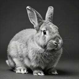 rare classified photo, black & white, studio lighting, a short buffalo rabbit, horns, real fur, real skin