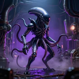5 0 mm portrait of a wet black metallic chrome mass effect robotic cthulhu lovecraft octopus xenomorph alien in a science fiction steampunk tesla coil engine room, pipes, wires, dramatic lighting, octane, purple lights, lens flare, industrial, dirty, trending on artstation, golden ratio, mist, action, volumetric lighting