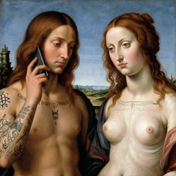 perfect renaissance painting of ada and eve with body tattoos on chest neck and face with cell phones, intricate photo realistic faces, art by michaelangelo, post - processed