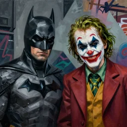 The mix of  Batman and Joker picture by Sachin Teng, asymmetrical, dark vibes, Realistic Painting , Matte Painting,  geometric shapes, hard edges, graffiti, street art:2 by Sachin Teng:4