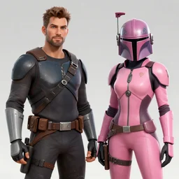 bo katan, koska reeves, and a very fancy female mandalorian in a pink suit and bedazzled helmet. digital art. photo realistic. 4 k. intricate. detailed. by krenz cush art simon fetscher.