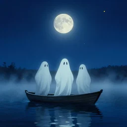 ghosts on boat on the middle of lake, fog, moon, night sky, yellow stars, deep blue mood, by stanley kubrick