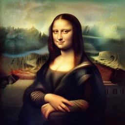 mona lisa terminator breaking apart , castle in the background, backlight sun by beksinski