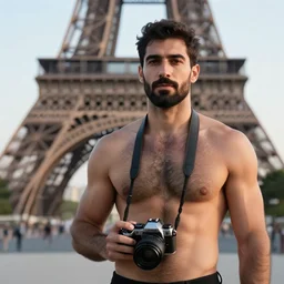 shirtless man with big hairy black chest hair and a camera in hand standing in front of the eiffel tower early in the morning, photorealistic, 4 k, good composition, beautiful, smooth, aesthetic,