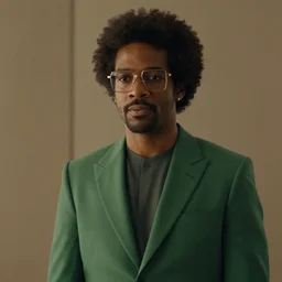 film still of hermes conrad, a black man with frizzy hair and square glasses wearing a green suit in the new scifi movie, 4 k