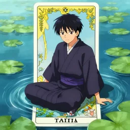 a anime boy wearing a kimono sitting in a body of water, a character portrait by kano sansetsu, pixiv contest winner, fantasy art, official art, anime aesthetic, tarot card, lily pads