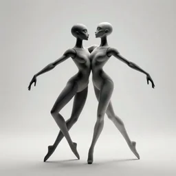 Two elegant humanoid creatures leaning against each other, fused at the shoulders, dancing on their pointy limbs. Award-winning digital art, trending on ArtStation