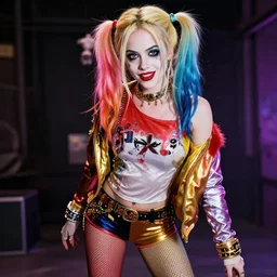 detailed photograph of avril lavigne as harley quinn with stockings, 8 k, by greg rutkowski, artgerm, global illumination
