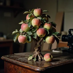 apples fighting in a bonzai tree on an old desk, close up, home lighting, dark old carpentry room backdrop, blurry background stuff, nighttime, film grain, 3 5 mm panavision camera, high detail
